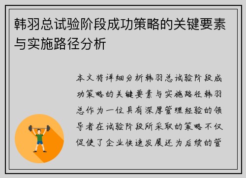 韩羽总试验阶段成功策略的关键要素与实施路径分析 韩羽总试验阶段成功策略的关键要素与实施路径分析