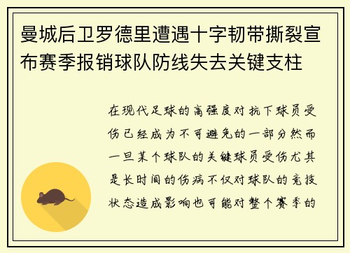 曼城后卫罗德里遭遇十字韧带撕裂宣布赛季报销球队防线失去关键支柱 曼城后卫罗德里遭遇十字韧带撕裂宣布赛季报销球队防线失去关键支柱